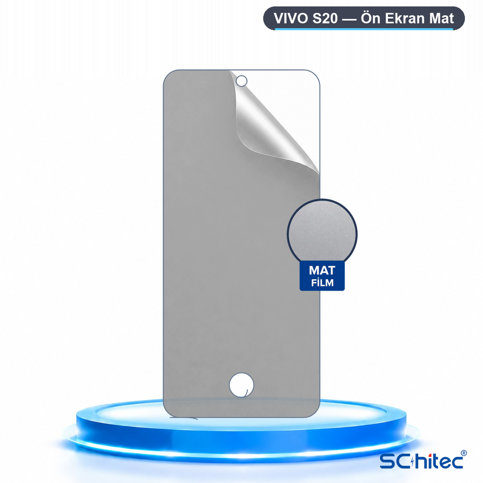 Vivo S20 için mat ekran koruyucu mavi bir kaide üzerinde duruyor.