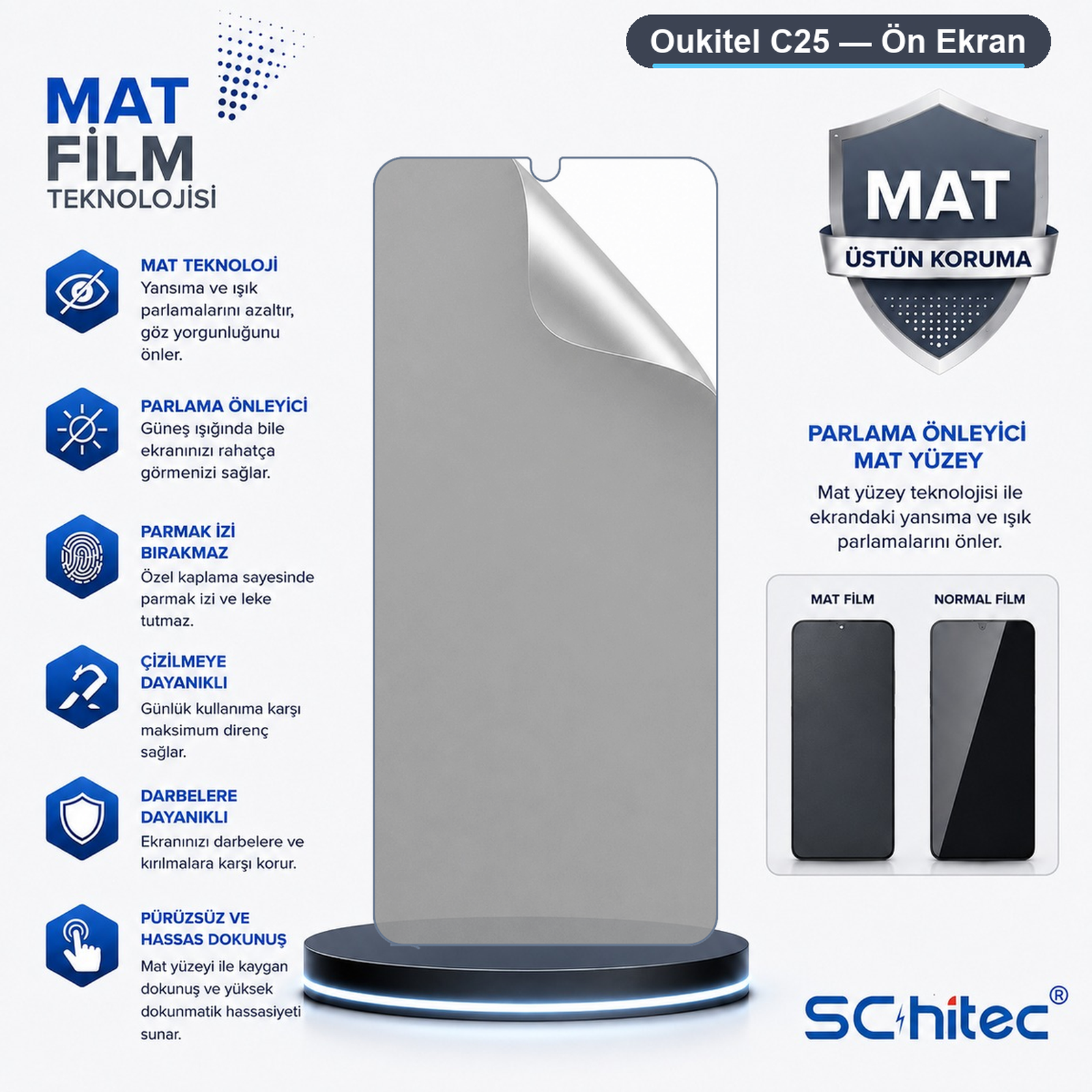 Oukitel C25 mat ekran koruyucu için parlama önleme, çizilmeye ve parmak izine dayanıklılık özelliklerini gösteren reklam.