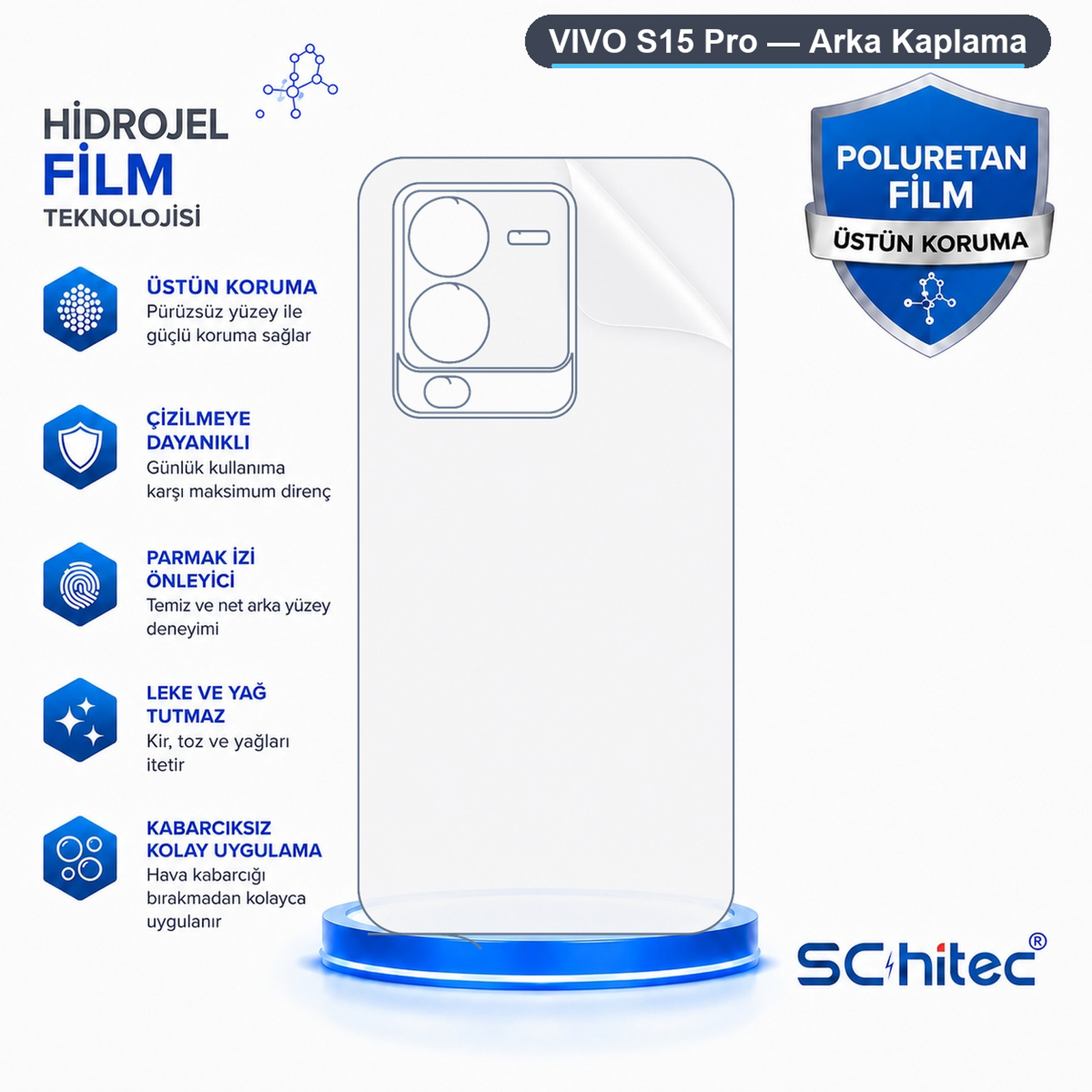 Türkçe koruma özellikleriyle Vivo S15 Pro arka kaplama hidrojel film.
