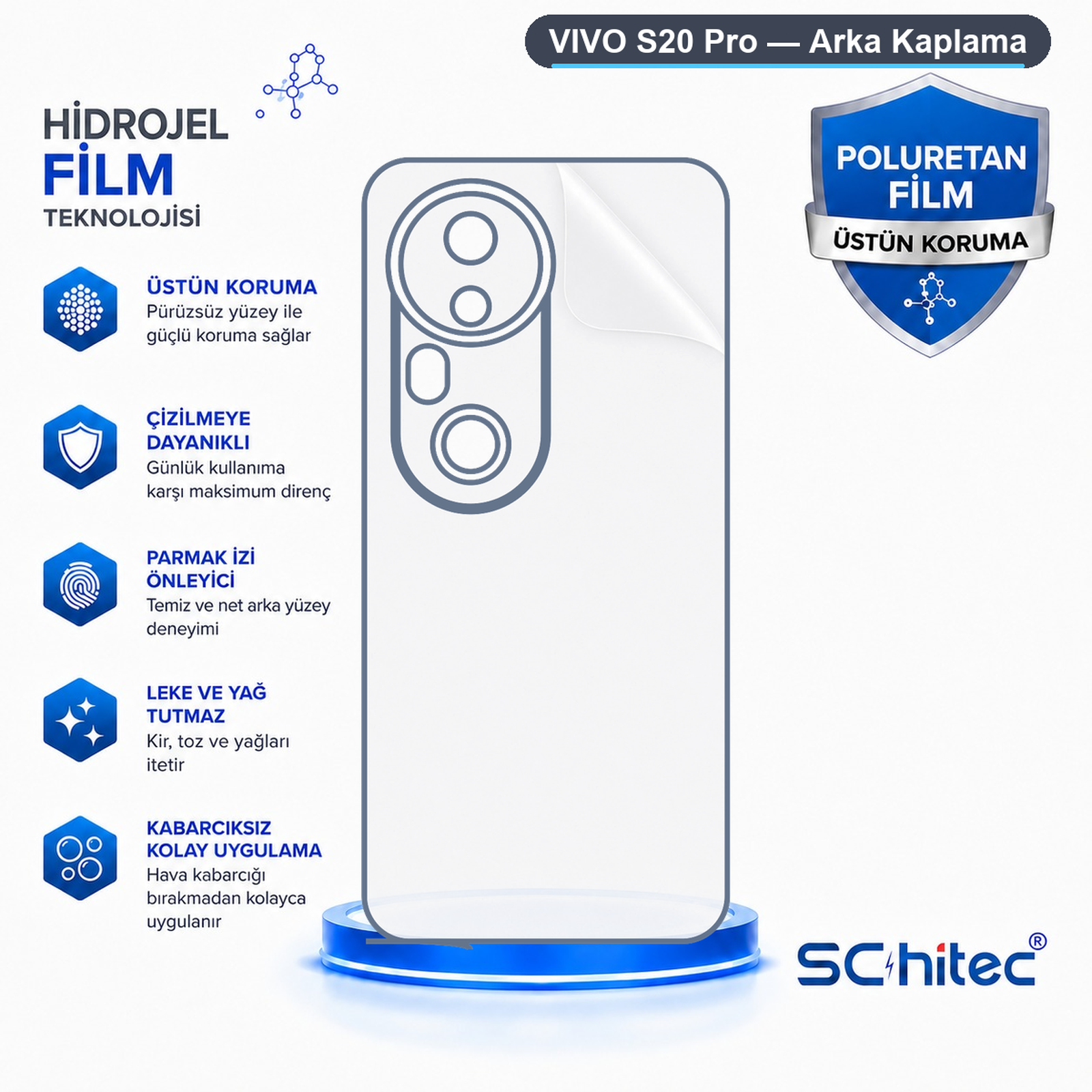 Koruyucu özellikli Vivo S20 Pro hidrojel filmi gösteren şema.