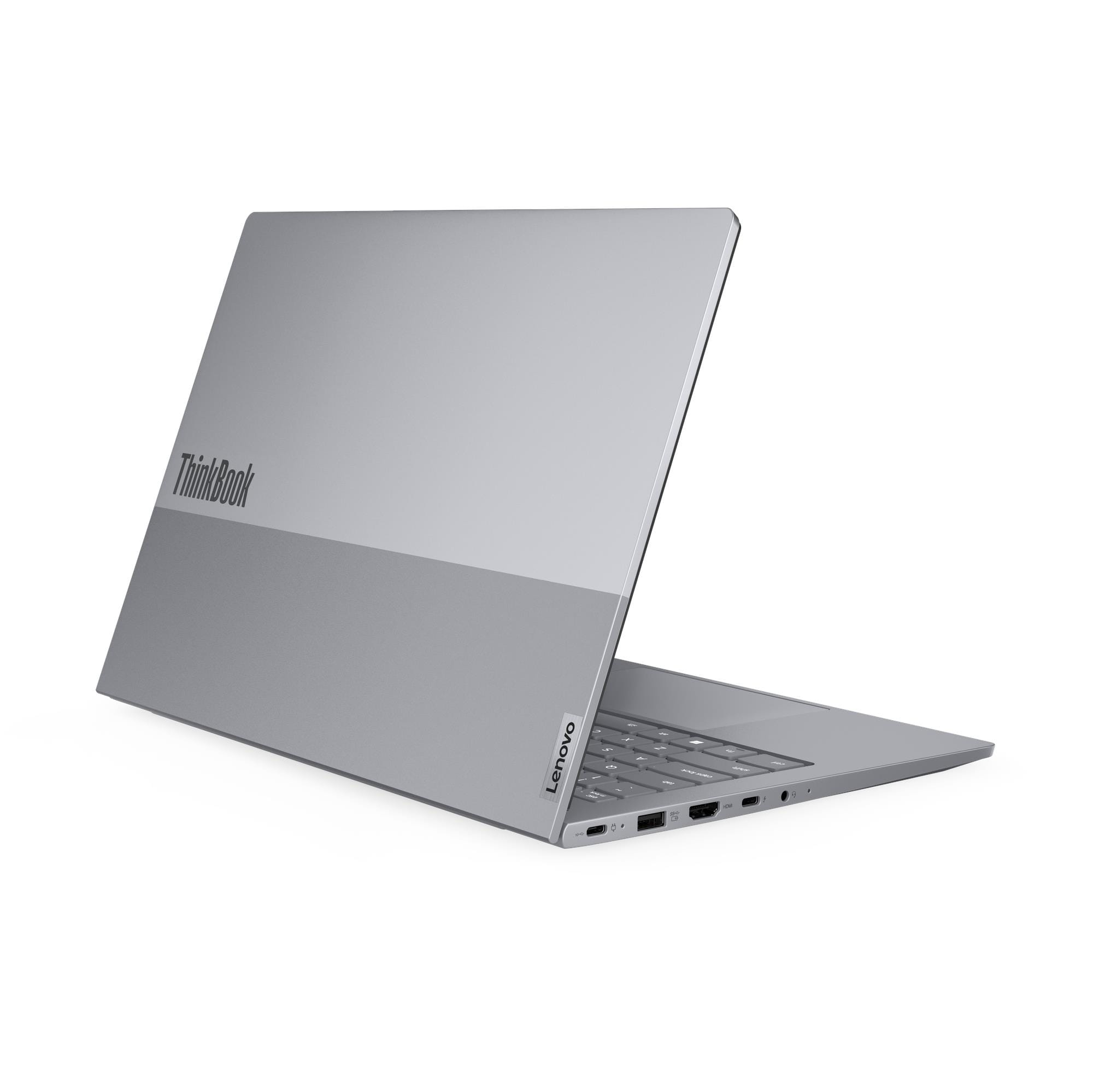 Beyaz arka planda gümüş renkli Lenovo ThinkBook dizüstü bilgisayar.