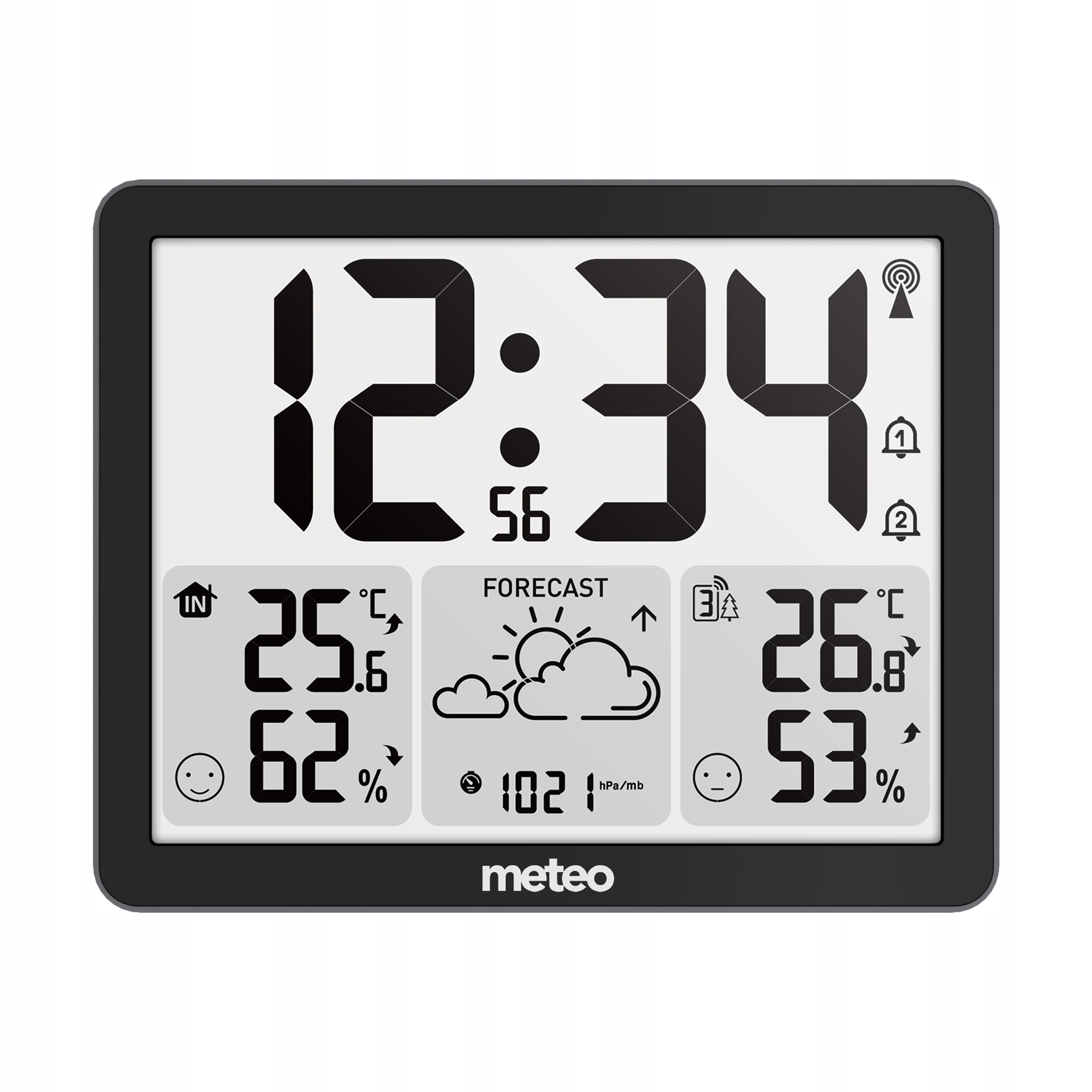 Cyfrowa stacja pogodowa w czarnej ramce, pokazuje godzine 12:34, temperature wewnatrz i na zewnatrz oraz prognoze.