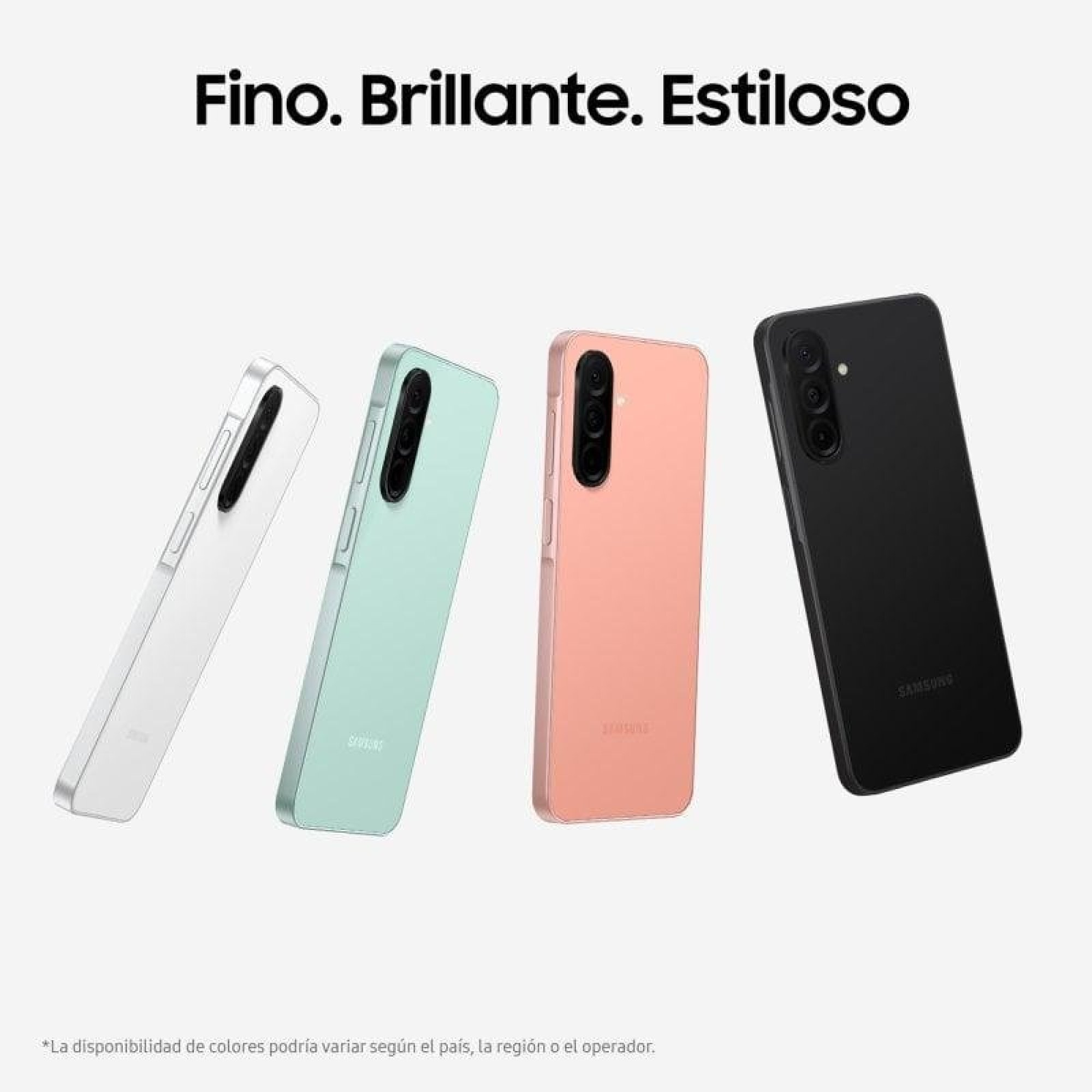 Quattro smartphone Samsung in bianco, verde menta, rosa e nero disposti uno accanto all'altro su sfondo bianco.