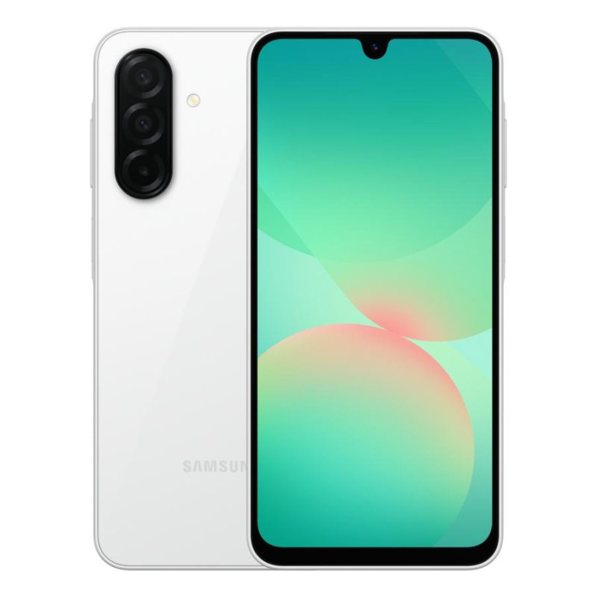 Smartphone bianco con tre fotocamere posteriori verticali e un display colorato.