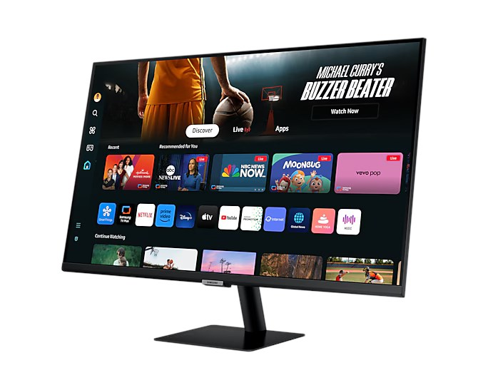 Ekranında uygulama simgeleri ve basketbol önizlemesi gösteren siyah bir Samsung akıllı monitör.