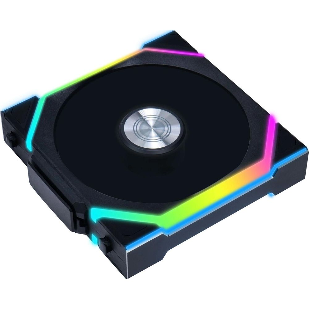 Gümüş renkli merkeze ve köşelerinde canlı RGB aydınlatmaya sahip kare siyah bilgisayar kasası fanı.