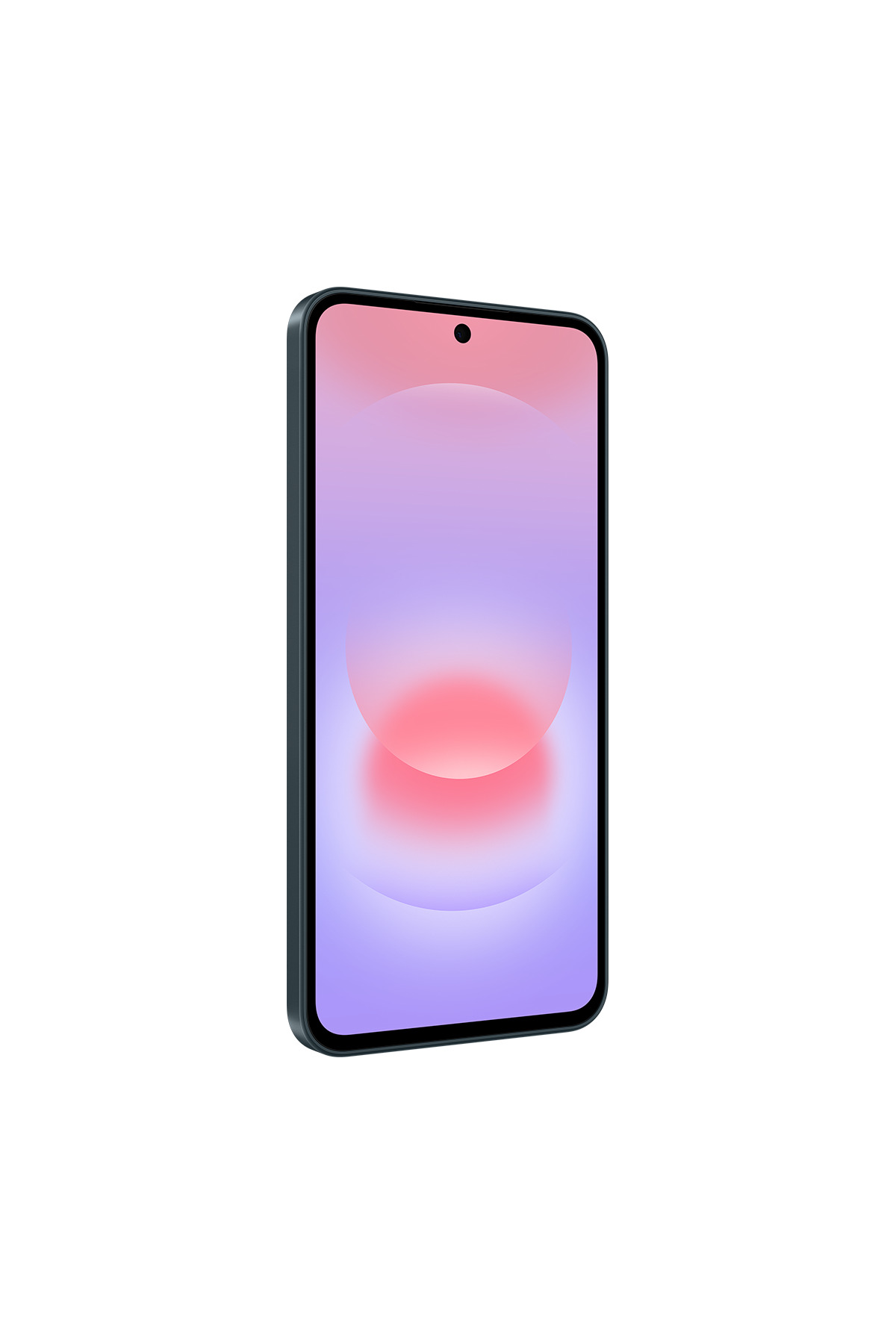 Pembe ve mor soyut ekrana sahip siyah bir akıllı telefon beyaz arka planda dik duruyor.
