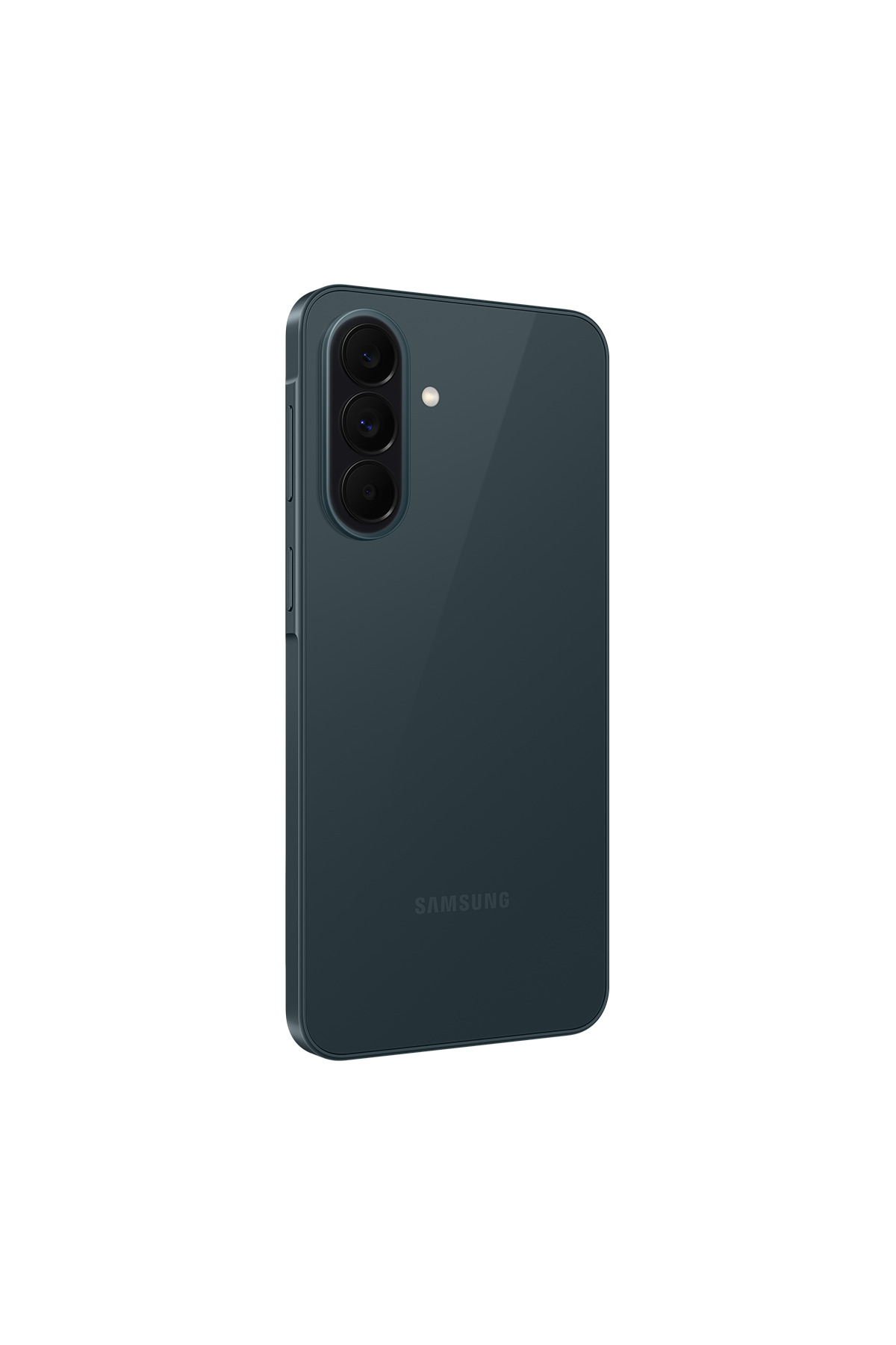 Koyu yeşil bir Samsung akıllı telefon arkadan görünür, dikey üçlü kamera ve flaş içerir.
