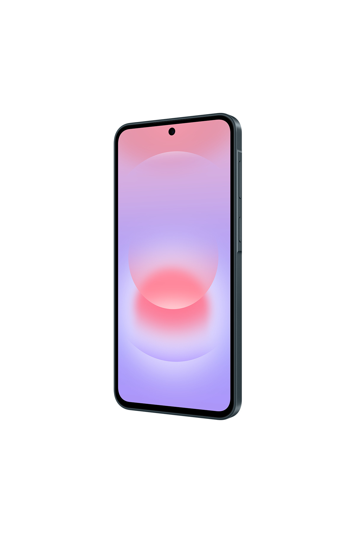 Koyu çerçeveli ve ekranında mor ve pembe parlayan soyut duvar kağıdı olan bir akıllı telefon.