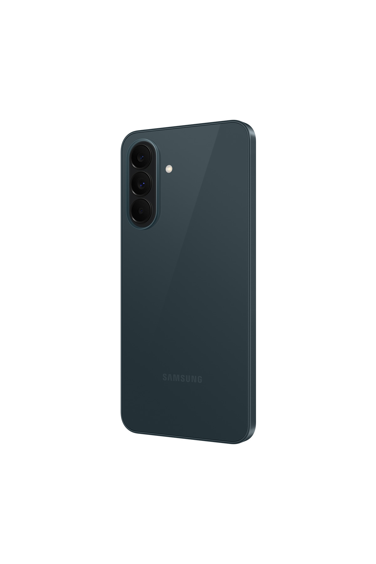 Arkadan görünen koyu yeşil Samsung akıllı telefon, üçlü kamera ve Samsung logosu ile.
