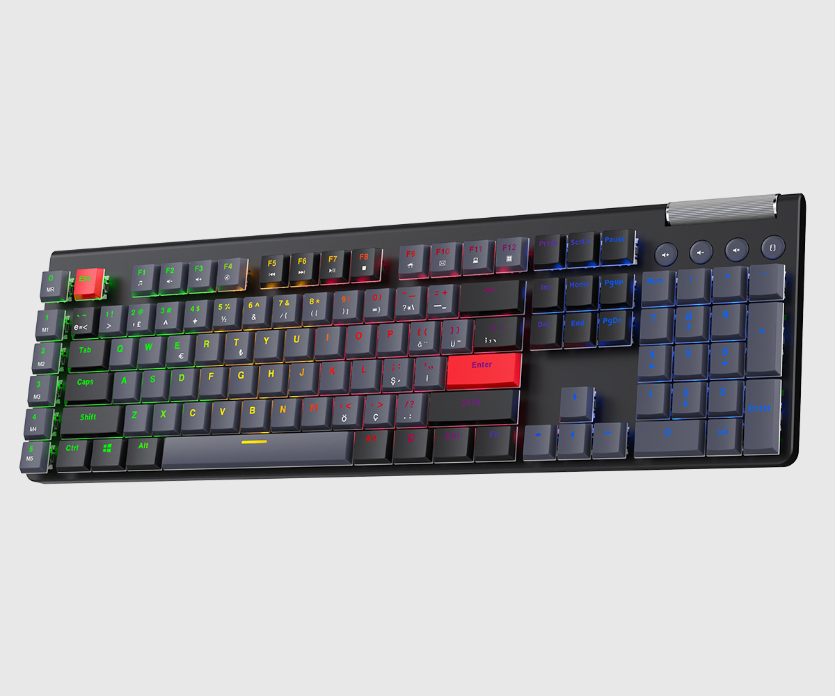 RGB arka aydınlatmalı ve kırmızı vurgulu tuşlara sahip siyah mekanik klavye.