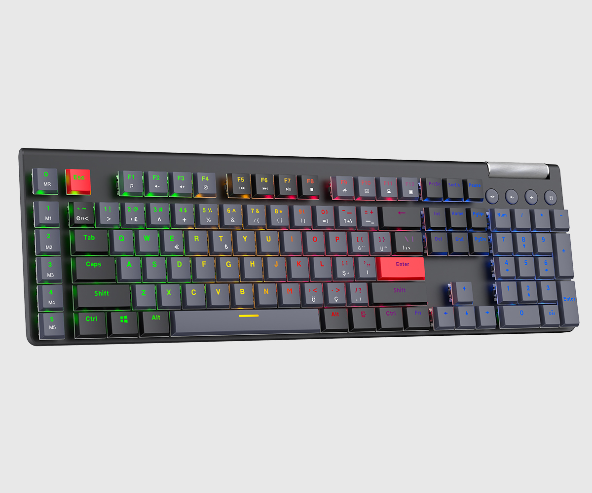 RGB arka aydınlatmalı ve kırmızı Esc ve Enter tuşlarına sahip siyah mekanik klavye.