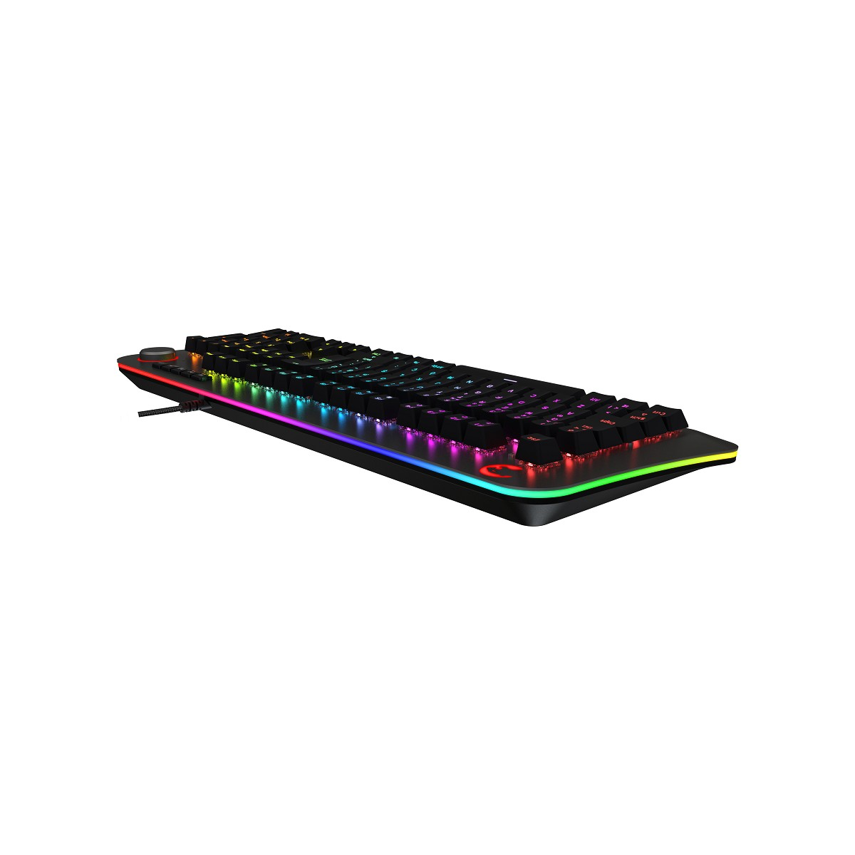 Tabanında ve tuşlarında canlı RGB aydınlatma olan siyah oyun klavyesi, beyaz arka planda düşük açıdan görünüm.