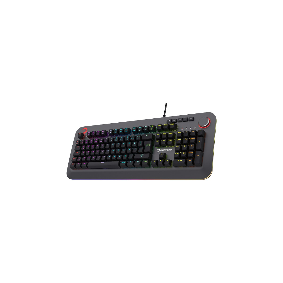 Beyaz arkaplan üzerinde RGB aydınlatmalı, ses düğmeli ve yuvarlatılmış köşeli siyah bir oyuncu klavyesi.