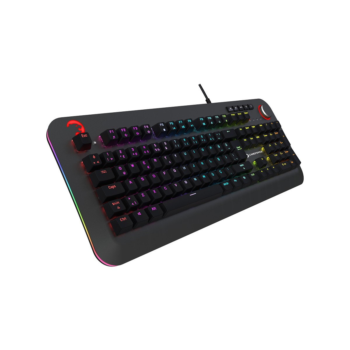 RGB aydınlatmalı ve yuvarlak ses kontrol düğmeli siyah oyuncu klavyesi.