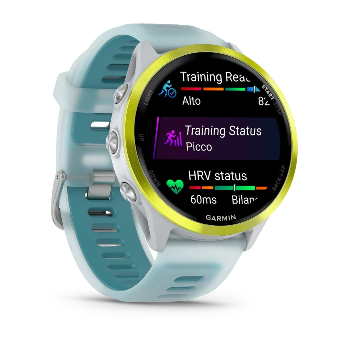 Un orologio sportivo Garmin azzurro con ghiera gialla e display nero mostra dati di allenamento.