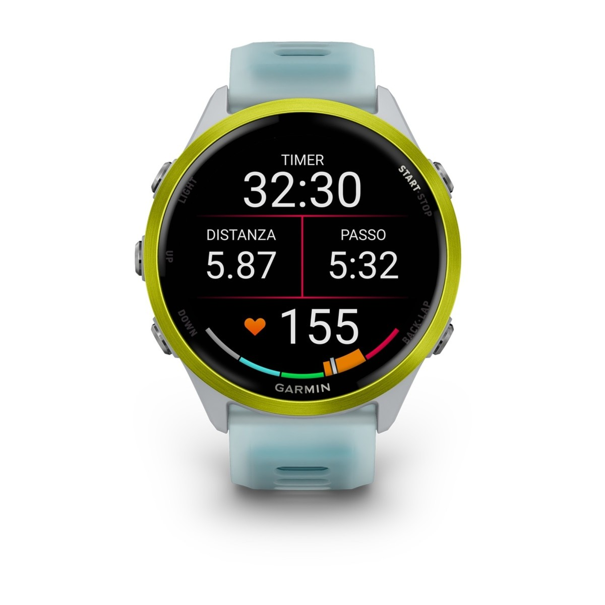 Un orologio sportivo Garmin con ghiera gialla e display digitale mostra timer, distanza e frequenza cardiaca.