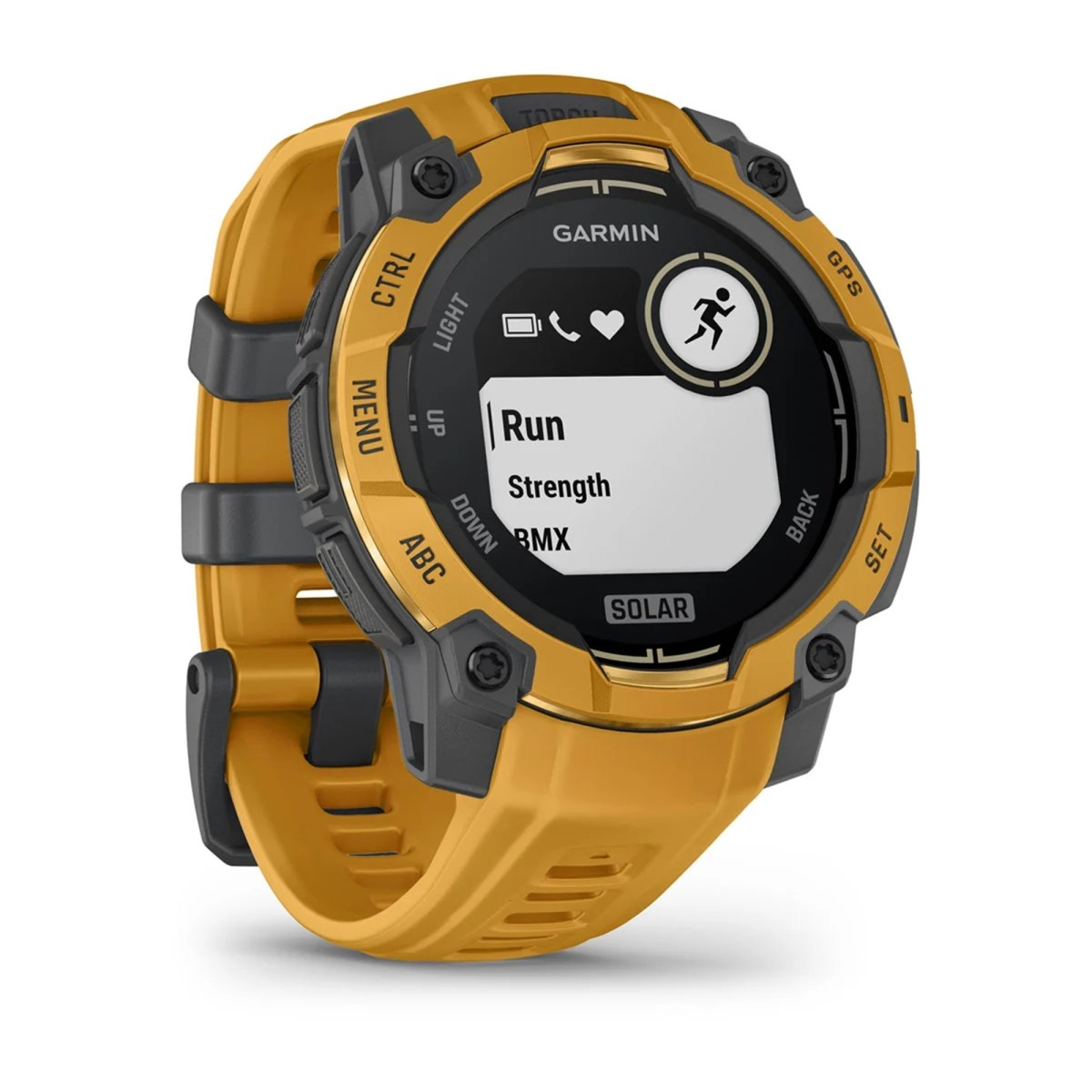 Beyaz arka planda egzersiz menüsünü gösteren dijital ekrana sahip sarı Garmin spor saat.