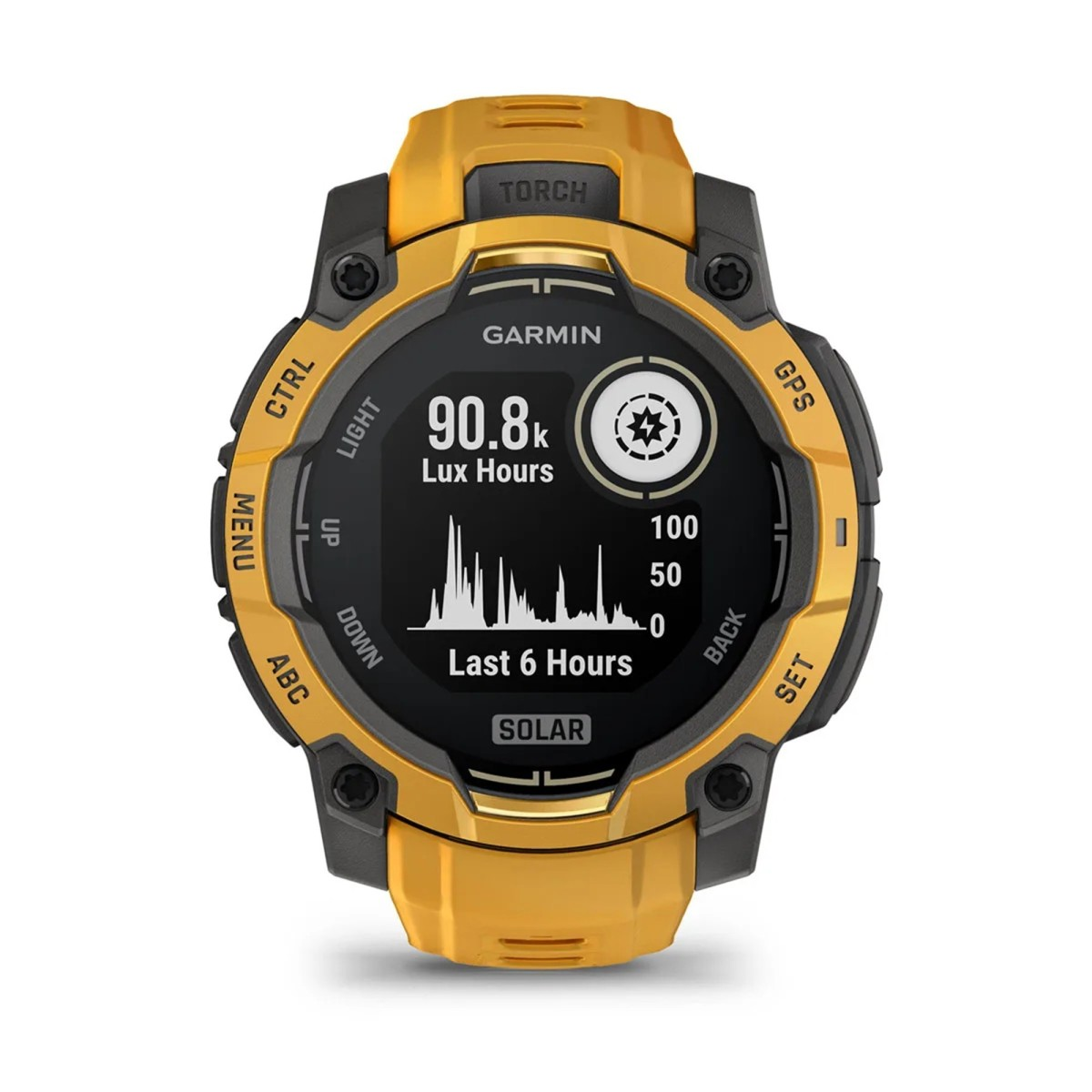 Işık lüks saat grafiğini gösteren siyah ekranlı sarı Garmin spor saati.