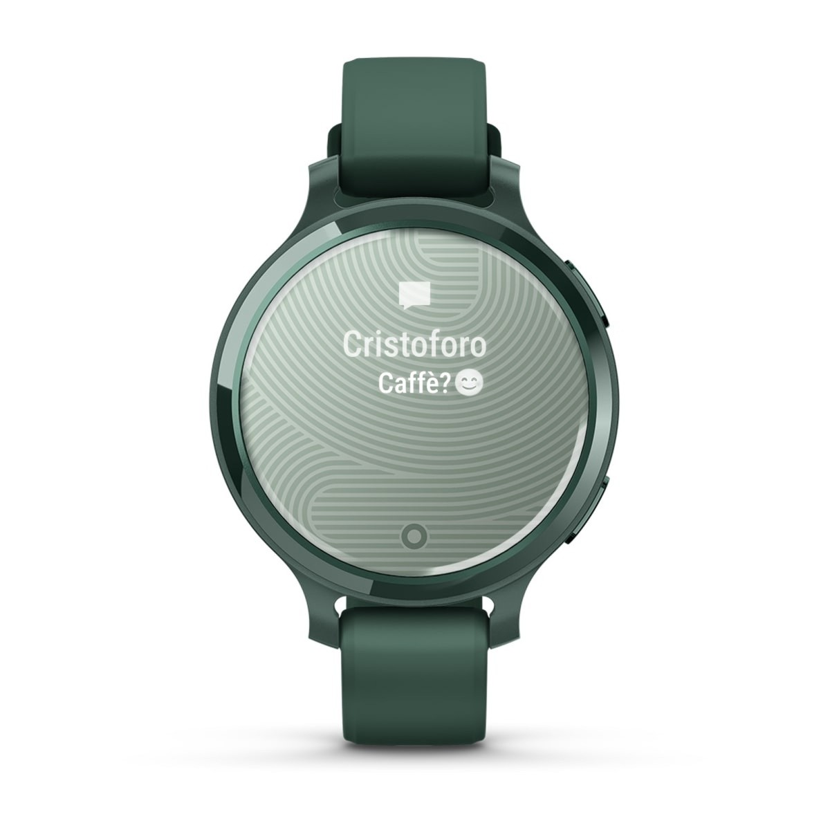 Smartwatch verde con quadrante rotondo e un messaggio sullo schermo.