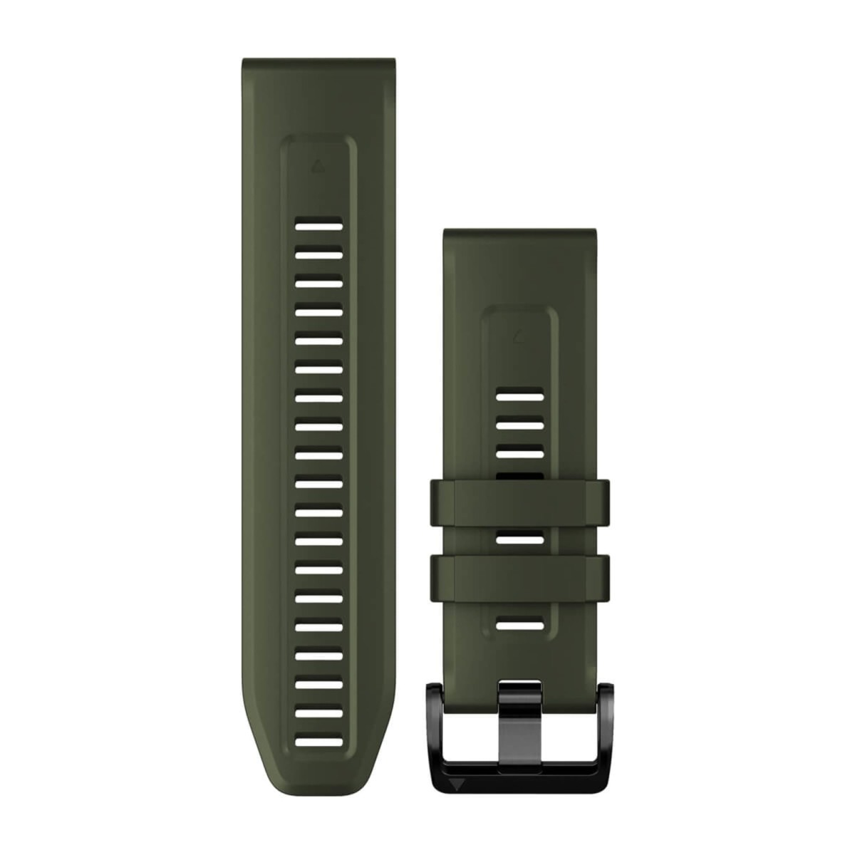 Cinturino per orologio in silicone verde oliva con fibbia nera e numerose fessure di ventilazione.