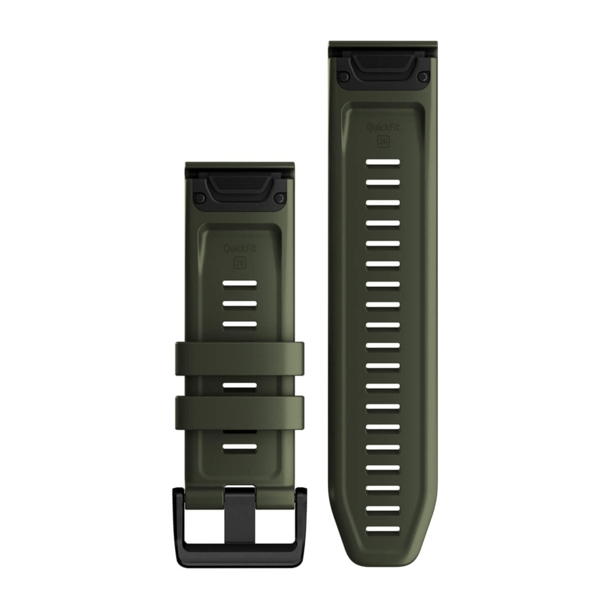 Cinturino per orologio in silicone verde oliva con fibbia nera e scritta QuickFit 26 su sfondo bianco.