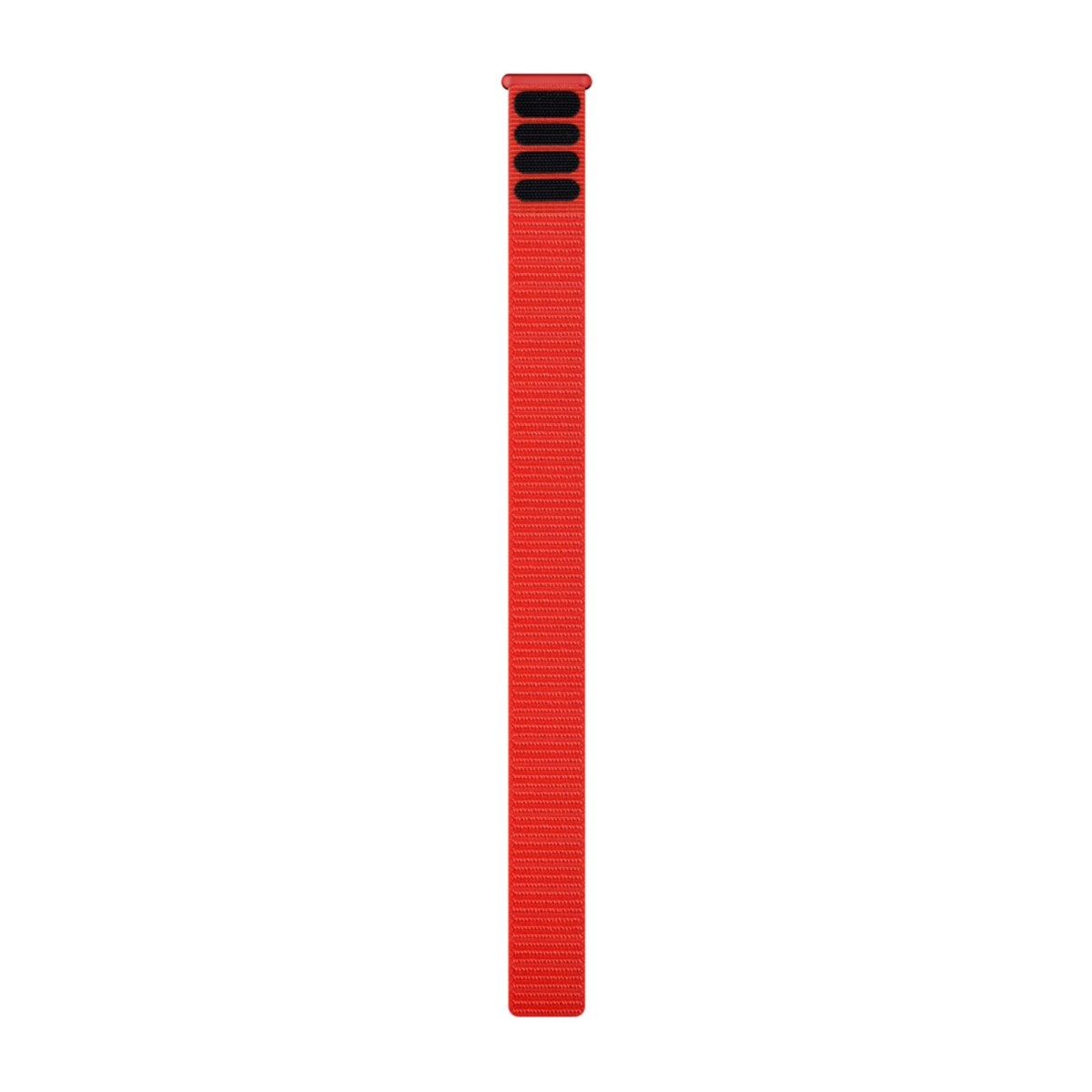 Un cinturino per orologio in tessuto rosso lungo con una linguetta di chiusura a strappo nera su sfondo bianco.