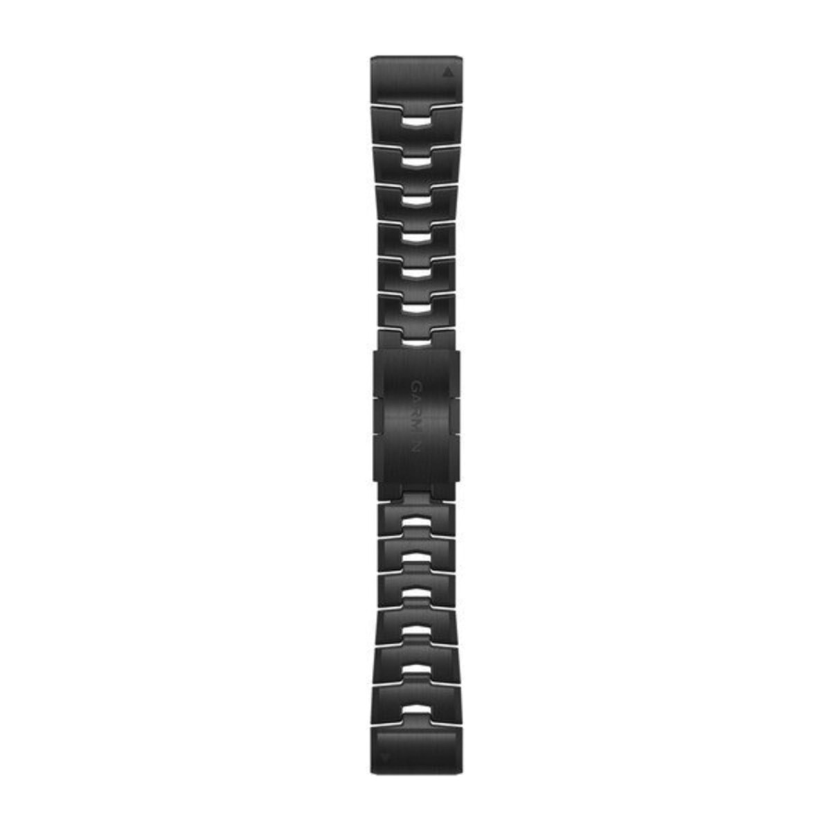 Cinturino per orologio in metallo nero con maglie articolate e chiusura centrale con logo Garmin, su sfondo neutro.