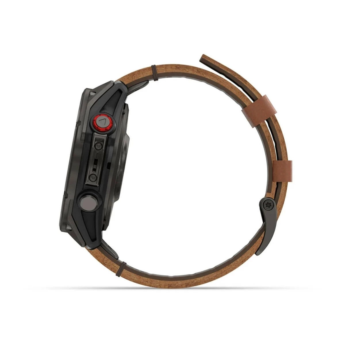 Smartwatch nero con cinturino in pelle marrone, visto di lato su sfondo bianco.