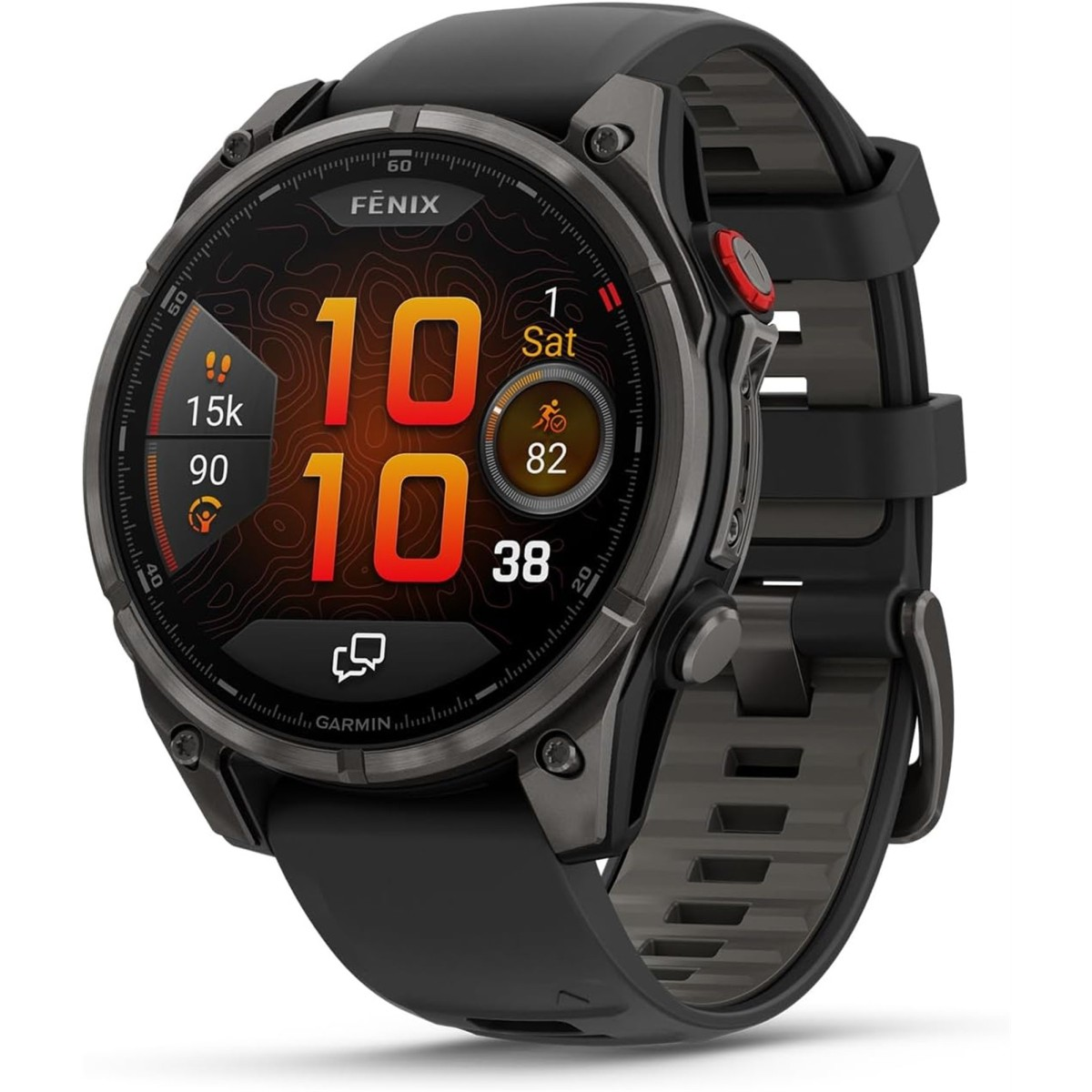 Un reloj inteligente Garmin Fenix negro con bisel de metal oscuro y pantalla digital con hora y datos de actividad.
