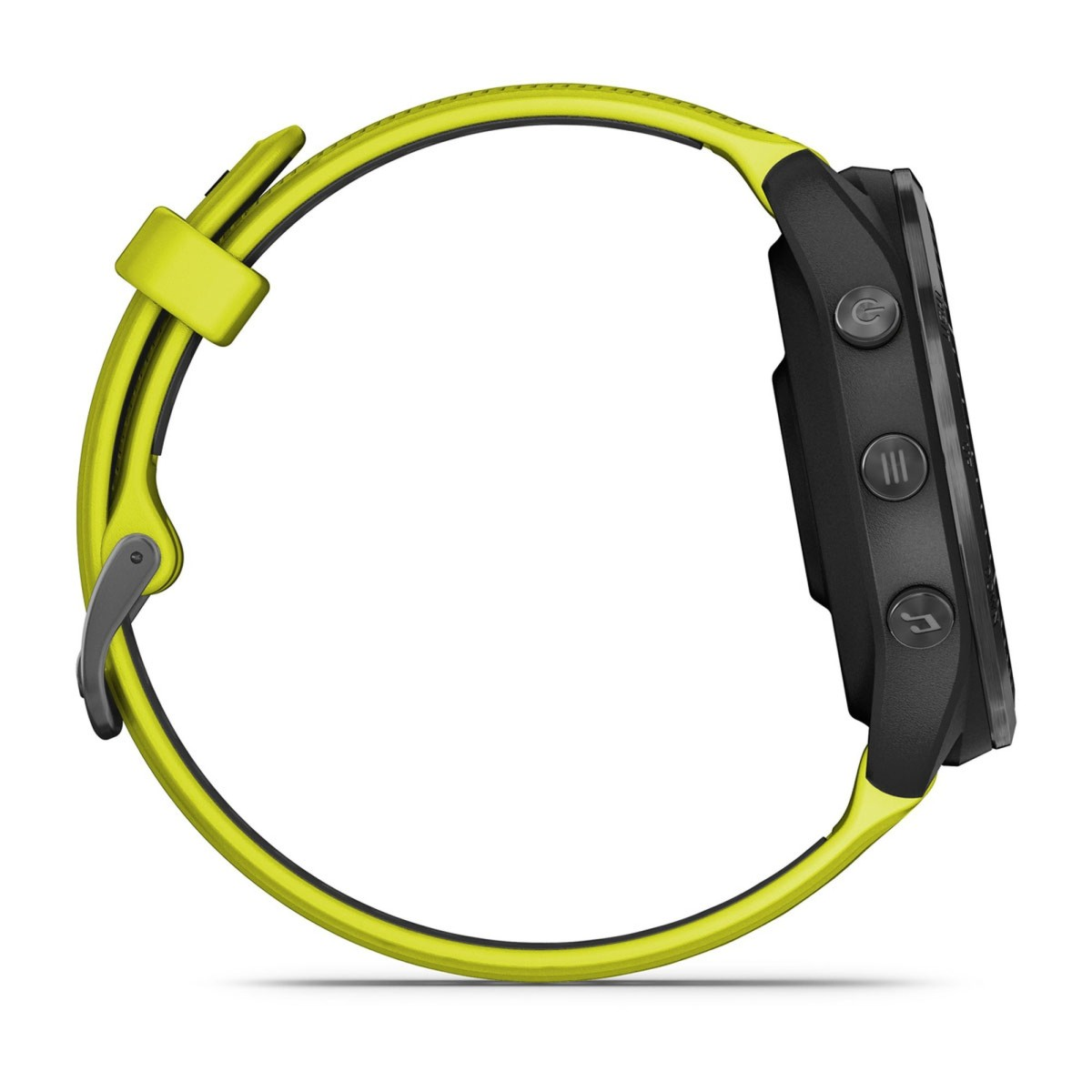 Vista laterale di un orologio sportivo nero con cinturino giallo brillante su sfondo bianco.