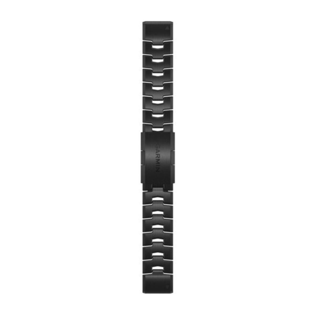 Un cinturino in metallo nero per orologio Garmin con chiusura centrale, su fondo chiaro.