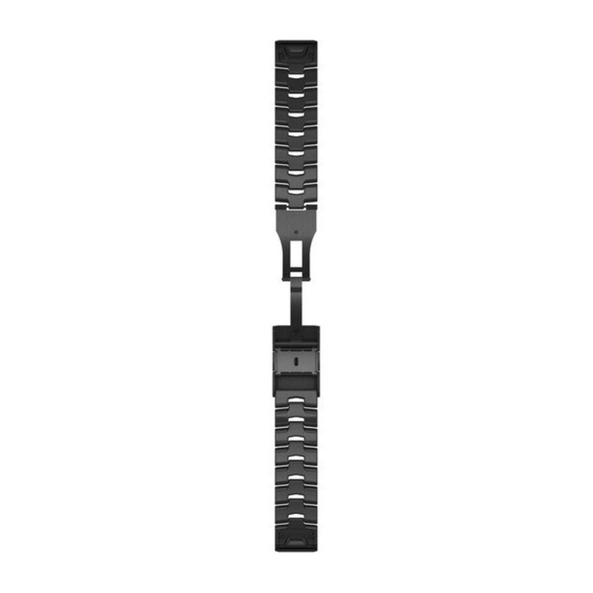 Un cinturino per orologio in metallo nero con chiusura su sfondo bianco.