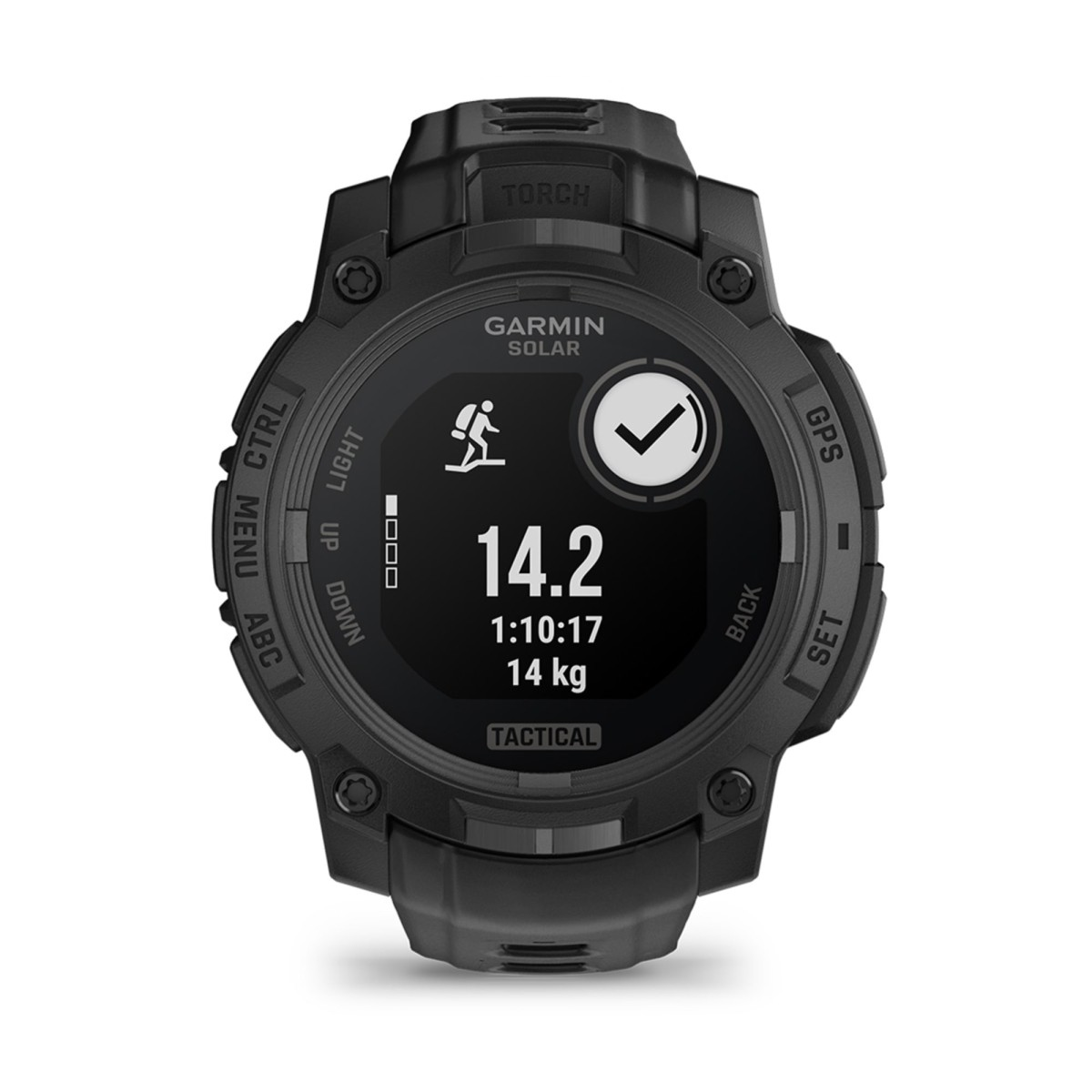 Uno smartwatch tattico Garmin nero mostra i dati di escursionismo, distanza e peso.