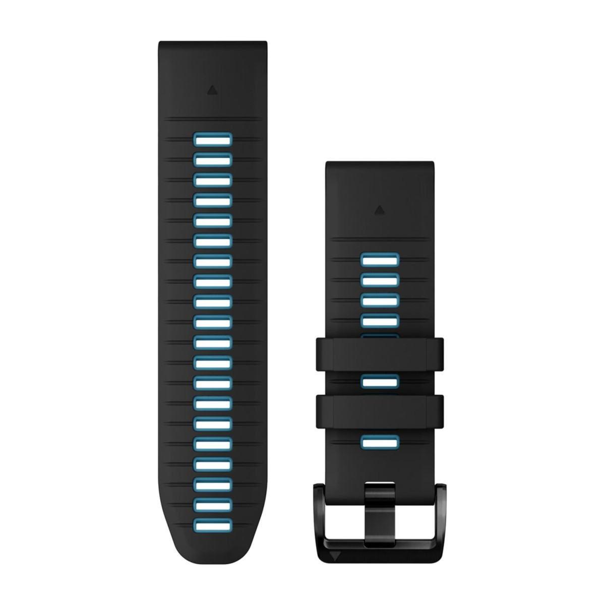 Cinturino sportivo in silicone nero con fori di ventilazione blu e fibbia nera su sfondo bianco.