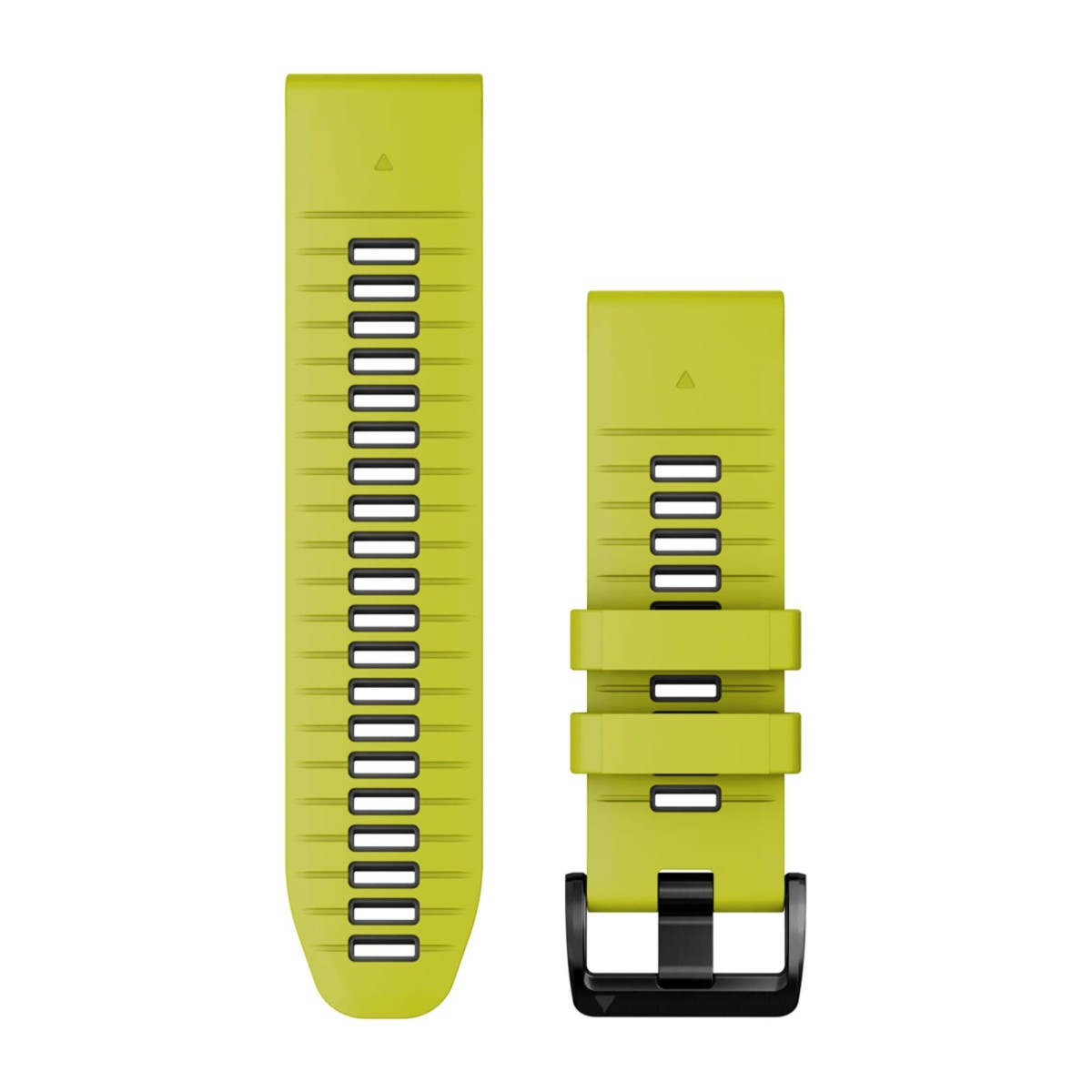 Un cinturino per orologio in silicone verde chiaro con fori e una fibbia nera.