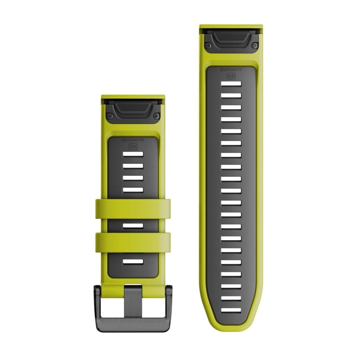 Cinturini per orologio QuickFit 26 verde lime e nero con fibbia su sfondo bianco.