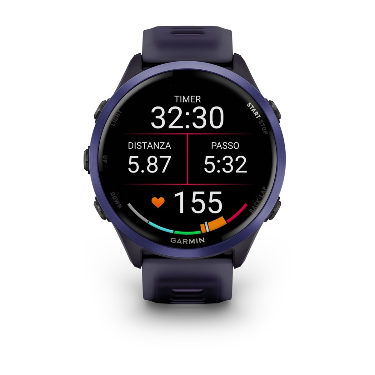 Zamanlayıcı, mesafe, tempo ve kalp atış hızını gösteren dijital kadranlı mor Garmin spor saat.