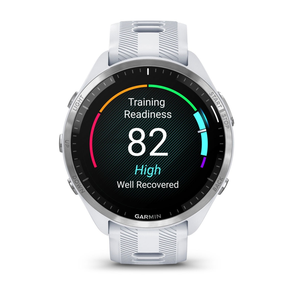 Un orologio sportivo Garmin bianco mostra Training Readiness 82 High Well Recovered.
