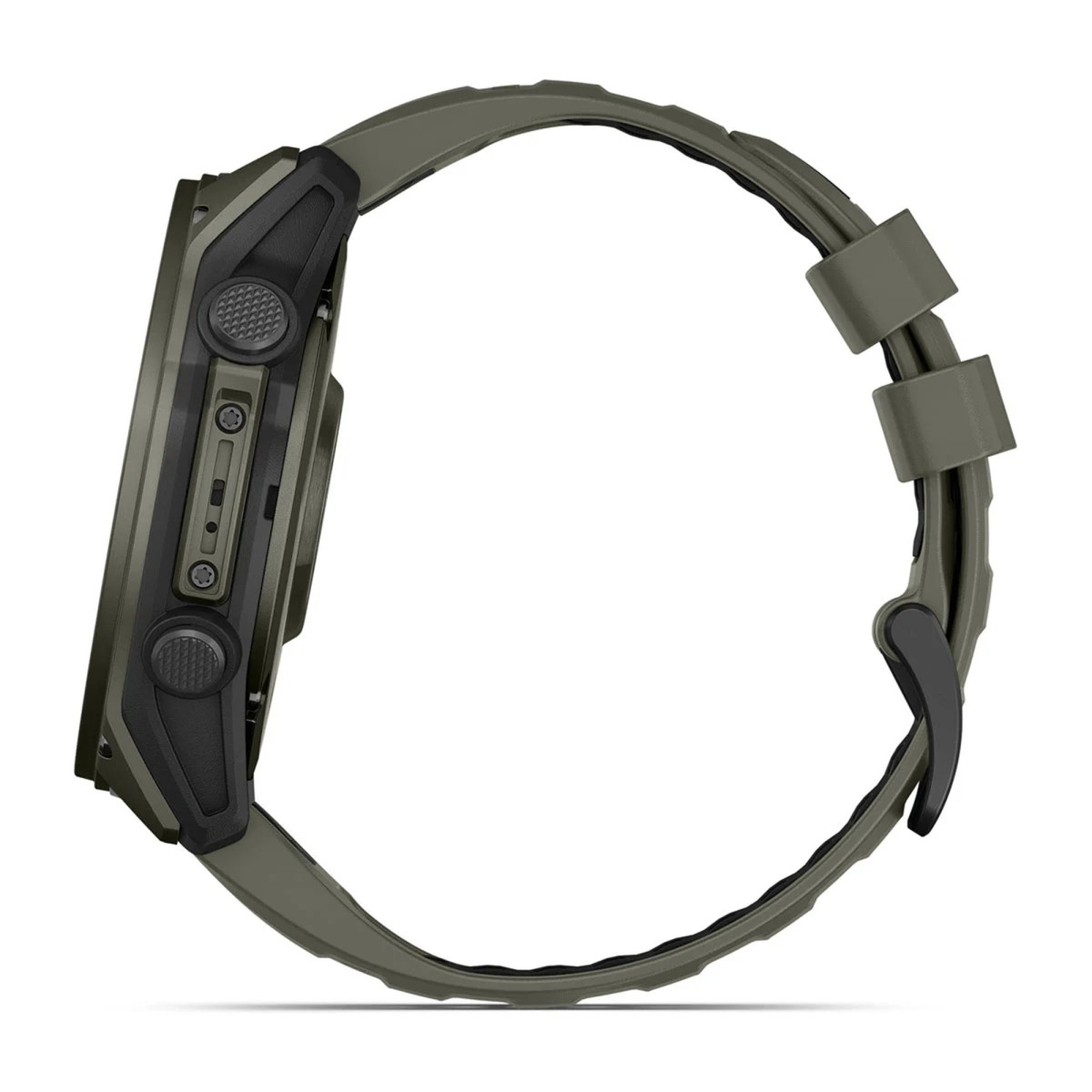 Vista laterale di uno smartwatch verde oliva con cassa nera e cinturino in silicone testurizzato su sfondo bianco.