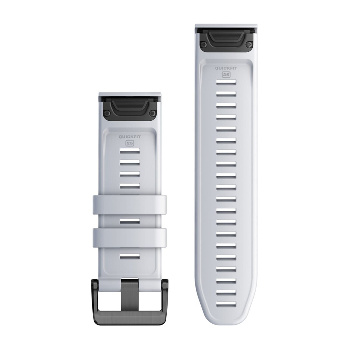 Due cinturini per orologio QuickFit 26 bianchi con fibbie nere su sfondo bianco.