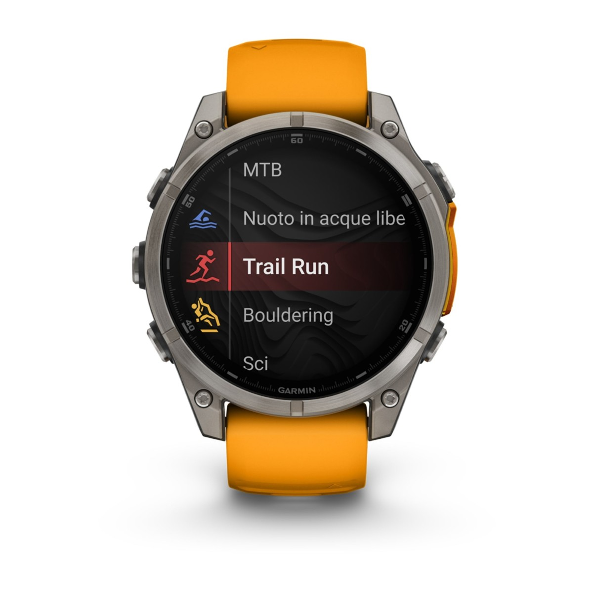 Eine Garmin-Sportuhr mit orangenem Armband zeigt ein Trainingsmenü mit hervorgehobener Trail Run-Option.