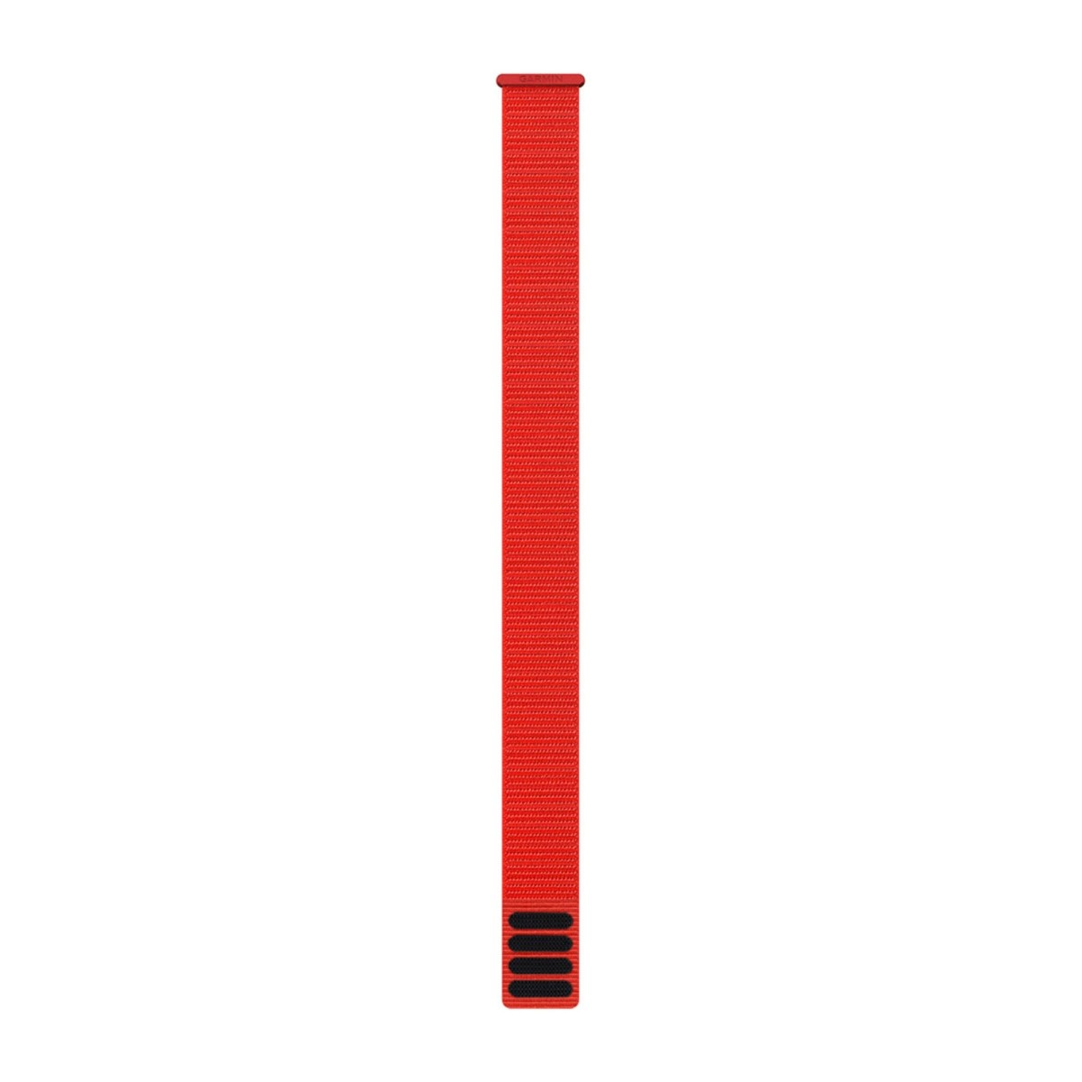 Un cinturino per orologio in nylon Garmin rosso su sfondo bianco.
