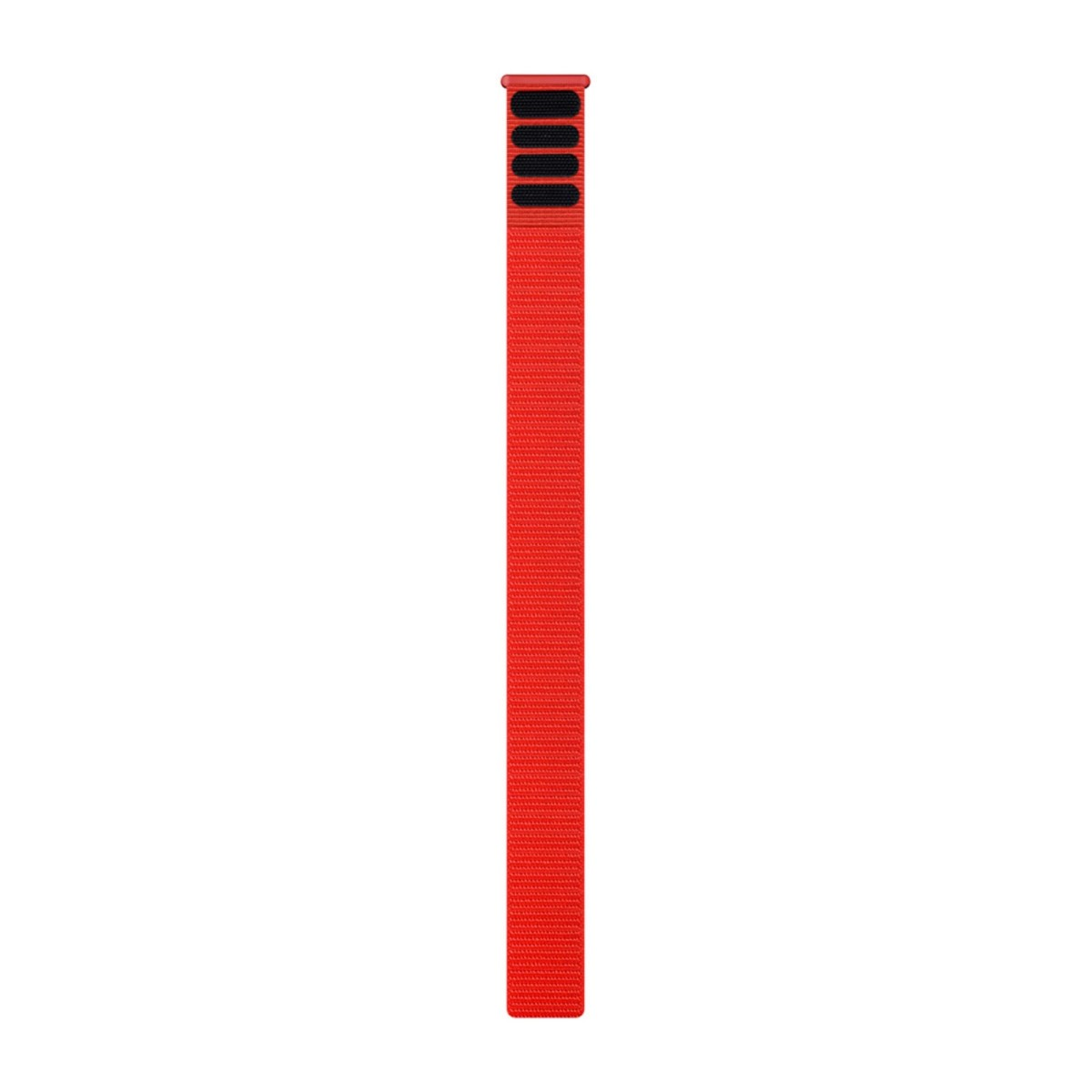 Un cinturino in tessuto rosso con quattro linguette nere all'estremità superiore su sfondo bianco.