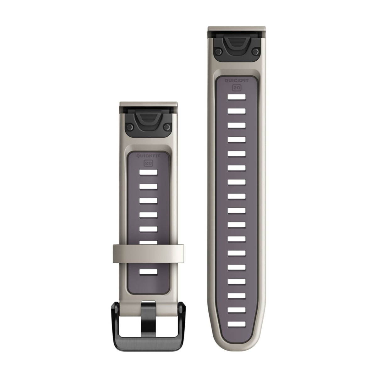 Zwei beige QuickFit 20 Smartwatch-Armbänder mit dunklem Innenbereich und Schnalle auf weißem Hintergrund.