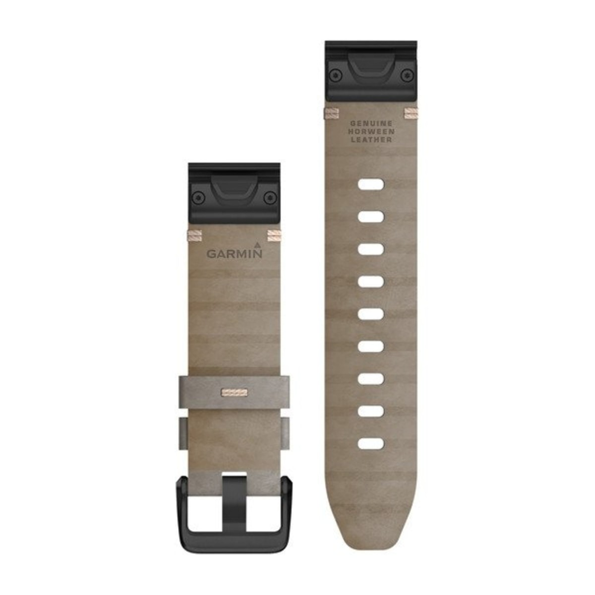 Due pezzi di un cinturino per orologio in vera pelle Garmin Horween con fibbia nera, mostrati su sfondo bianco.