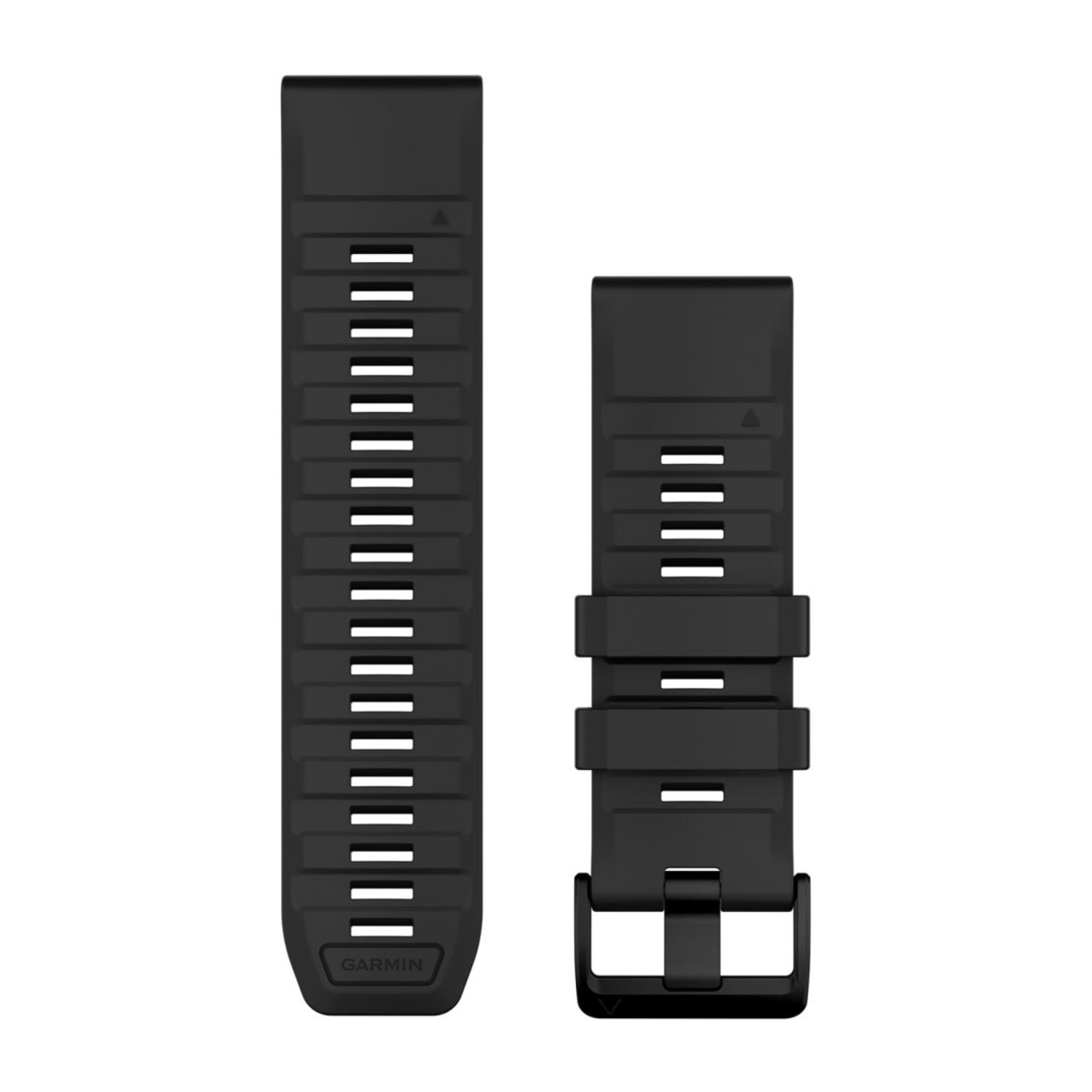 Cinturino per orologio in silicone Garmin nero con fibbia su sfondo bianco.