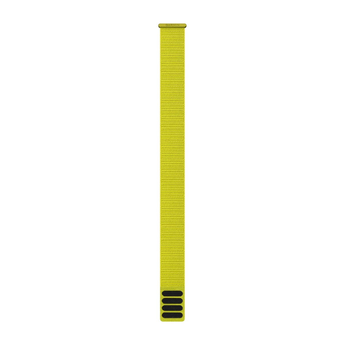 Un cinturino per orologio in nylon Garmin giallo con dettagli neri su sfondo bianco.