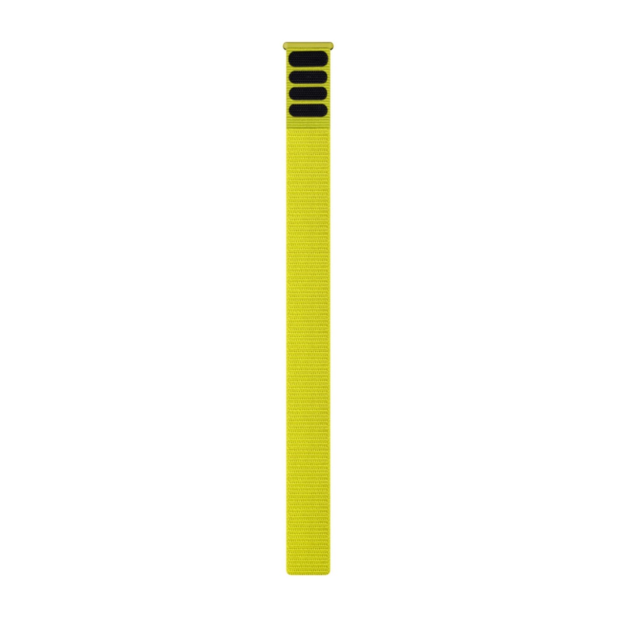 Un lungo cinturino per orologio in nylon giallo acceso con chiusura in velcro nera in alto.