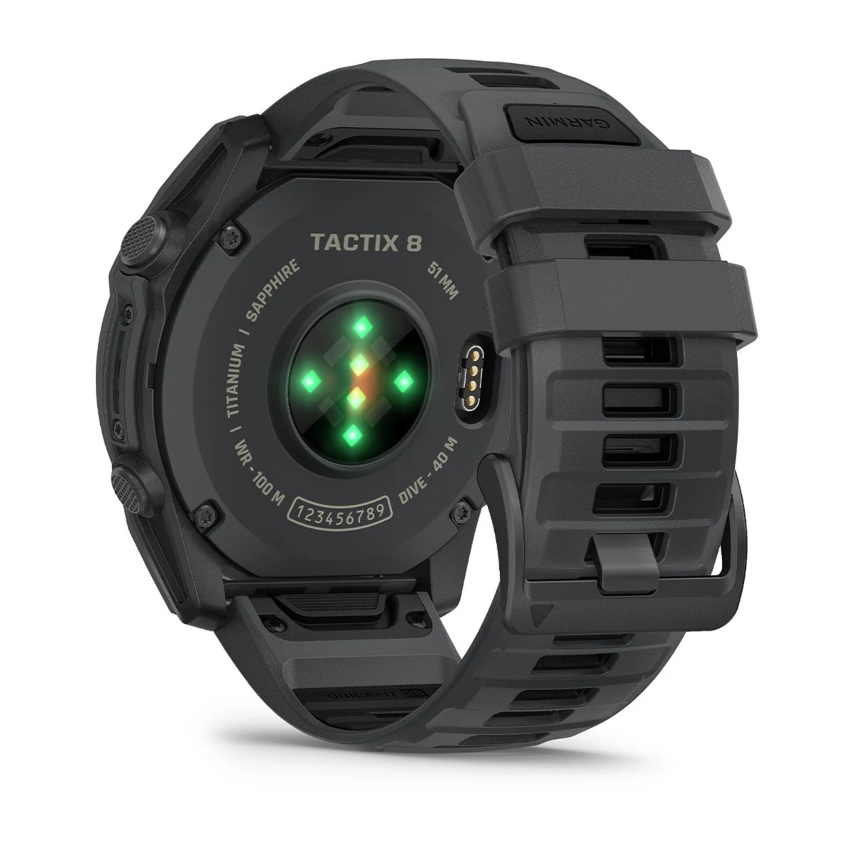 Retro dello smartwatch Garmin Tactix 8 con luci dei sensori e cinturino in gomma nera testurizzata.